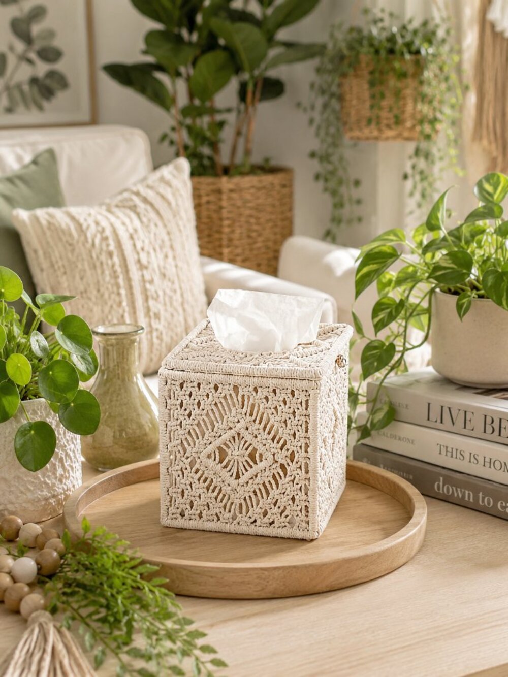 Boho Macrame Tissue Box Cover Cream Cotton Rope Handmade Farmhouse Decor NWOT